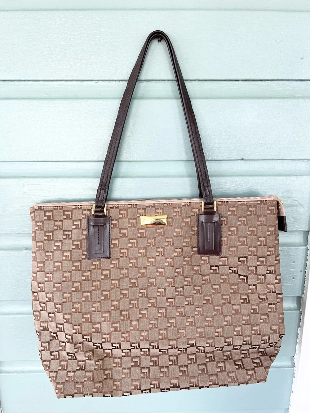 St. John vintage leather strap shoulder bag tote purse canvas house web fall